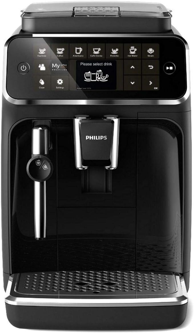 Philips Series 4300 Kaffeevollautomat – Klassischer Milchaufschäumer, 5 Kaffeespezialitäten, Intuitives Display, Glänzendes Schwarz (EP4321/50)