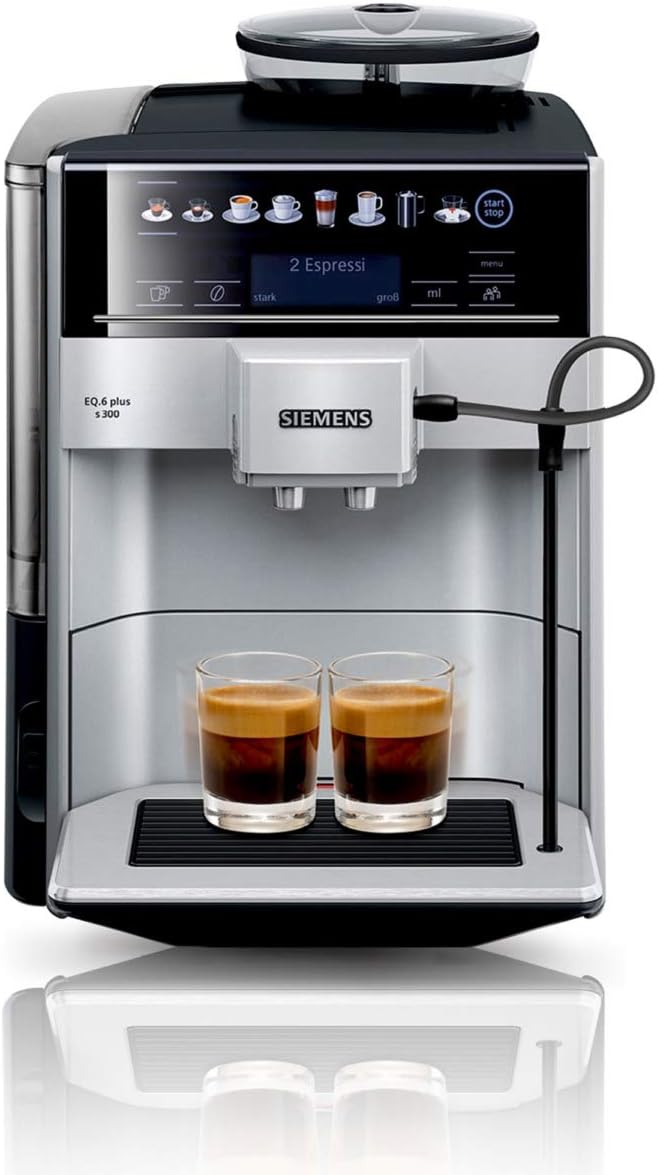 Siemens Kaffeevollautomat EQ.6 plus s300 TE653501DE, für viele Kaffeespezialitäten,Milch-Aufschäumdüse,Keramikmahlwerk,Doppeltassenfunktion, Antikalk, automatische Dampfreinigung, 1500 W, Silber, Grau