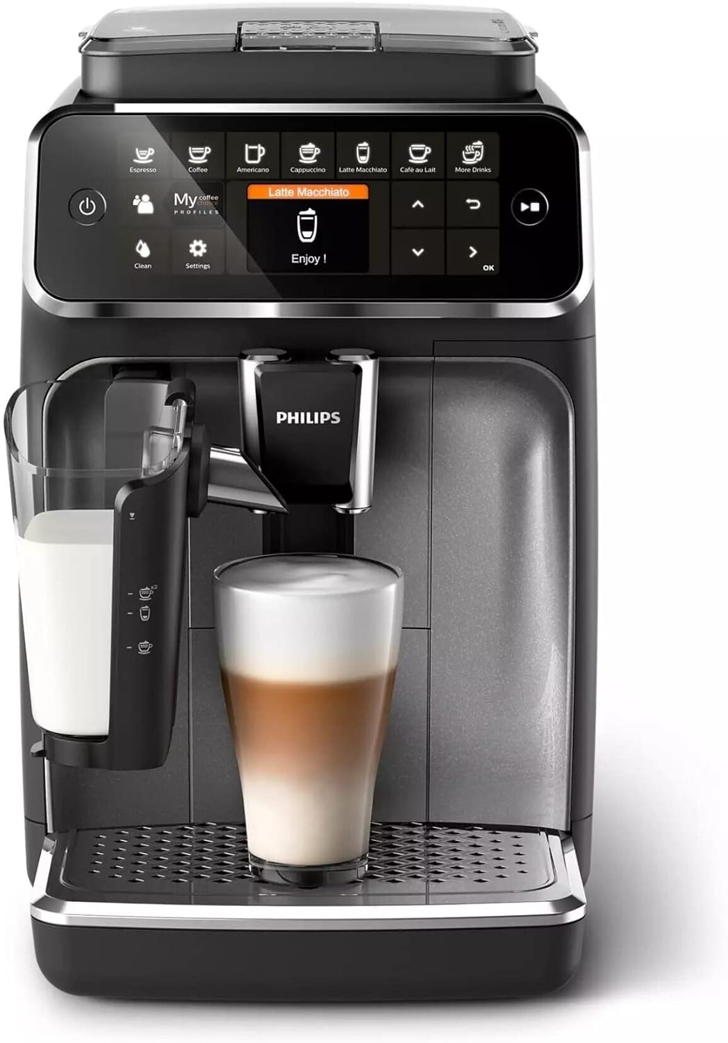 Philips Series 4300 Kaffeevollautomat – Klassischer Milchaufschäumer, 5 Kaffeespezialitäten, Intuitives Display, Glänzendes Schwarz (EP4321/50)
