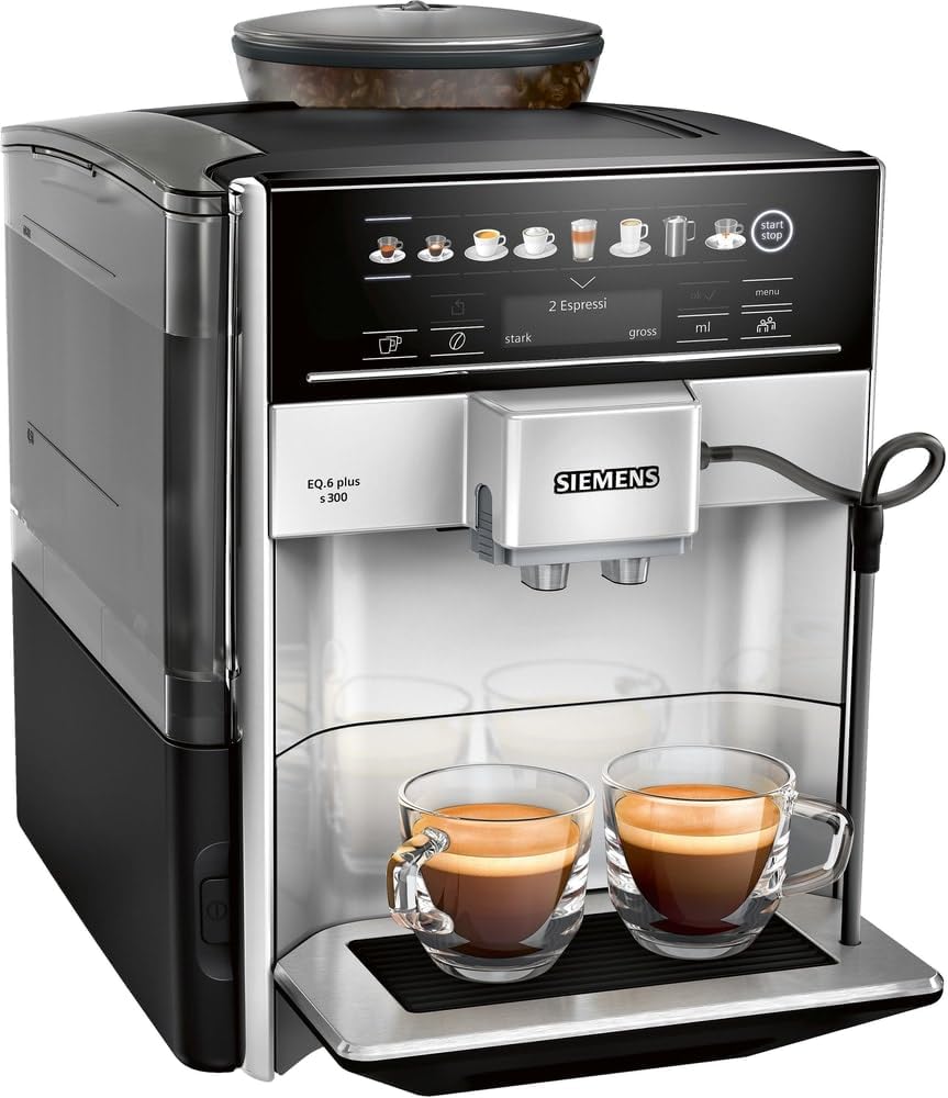 Siemens Kaffeevollautomat EQ.6 plus s300 TE653501DE, für viele Kaffeespezialitäten,Milch-Aufschäumdüse,Keramikmahlwerk,Doppeltassenfunktion, Antikalk, automatische Dampfreinigung, 1500 W, Silber, Grau