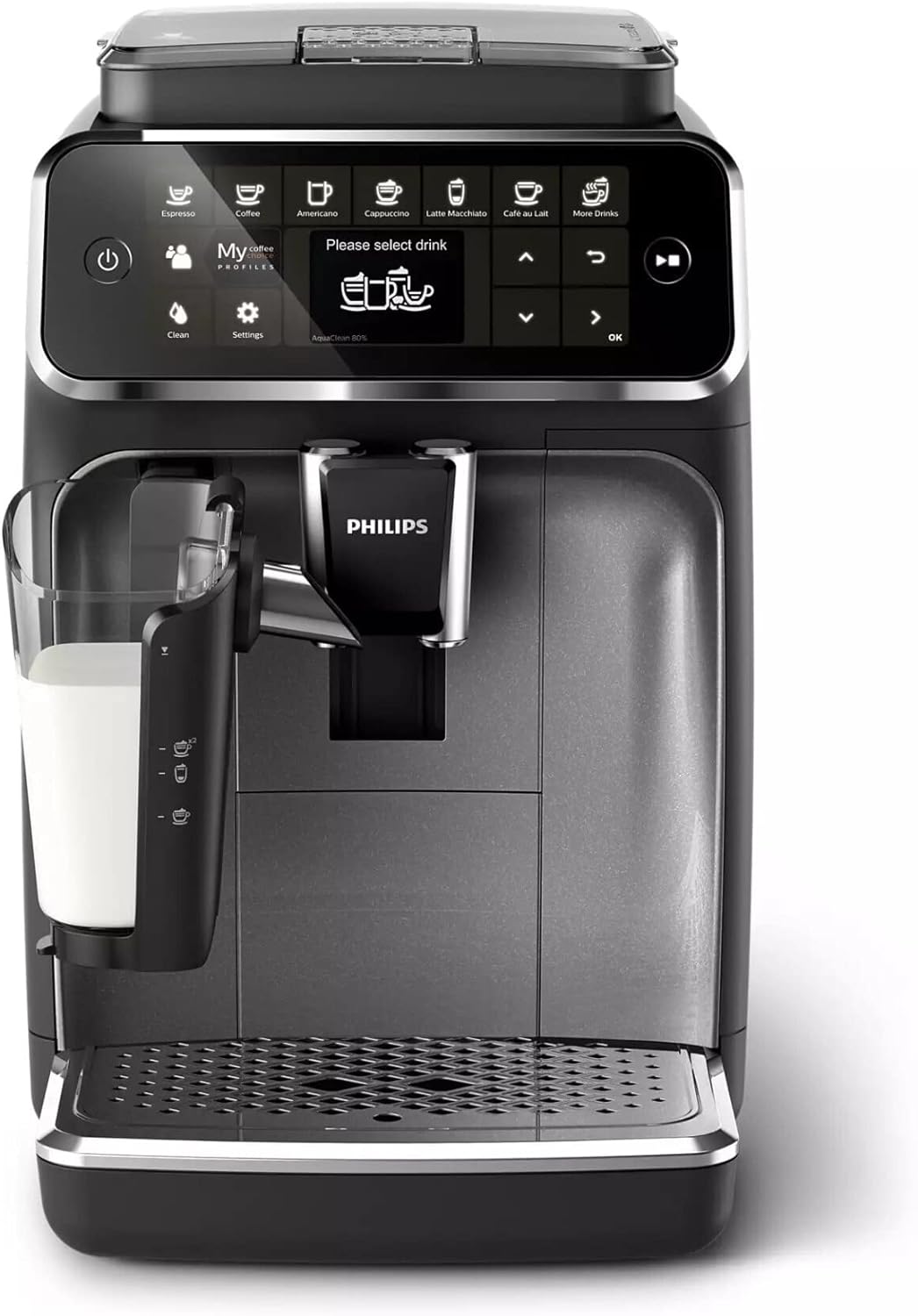Philips Series 4300 Kaffeevollautomat – Klassischer Milchaufschäumer, 5 Kaffeespezialitäten, Intuitives Display, Glänzendes Schwarz (EP4321/50)
