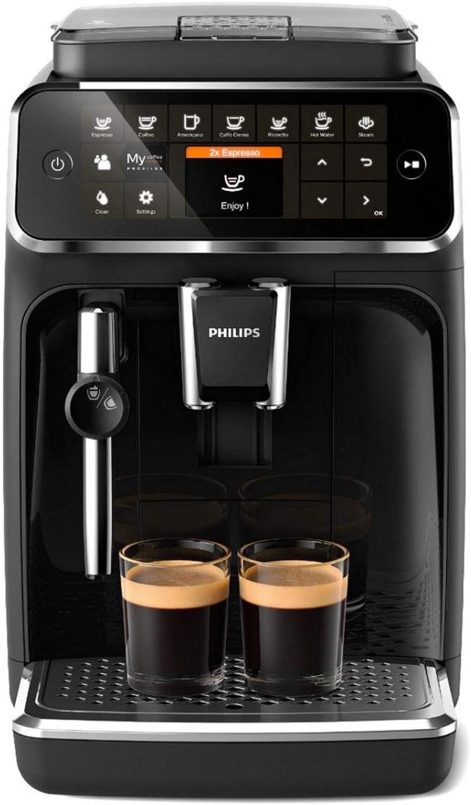 Philips Series 4300 Kaffeevollautomat – Klassischer Milchaufschäumer, 5 Kaffeespezialitäten, Intuitives Display, Glänzendes Schwarz (EP4321/50)