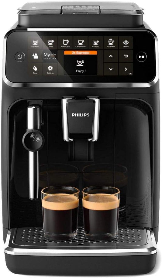 Philips Series 4300 Kaffeevollautomat – Klassischer Milchaufschäumer, 5 Kaffeespezialitäten, Intuitives Display, Glänzendes Schwarz (EP4321/50)