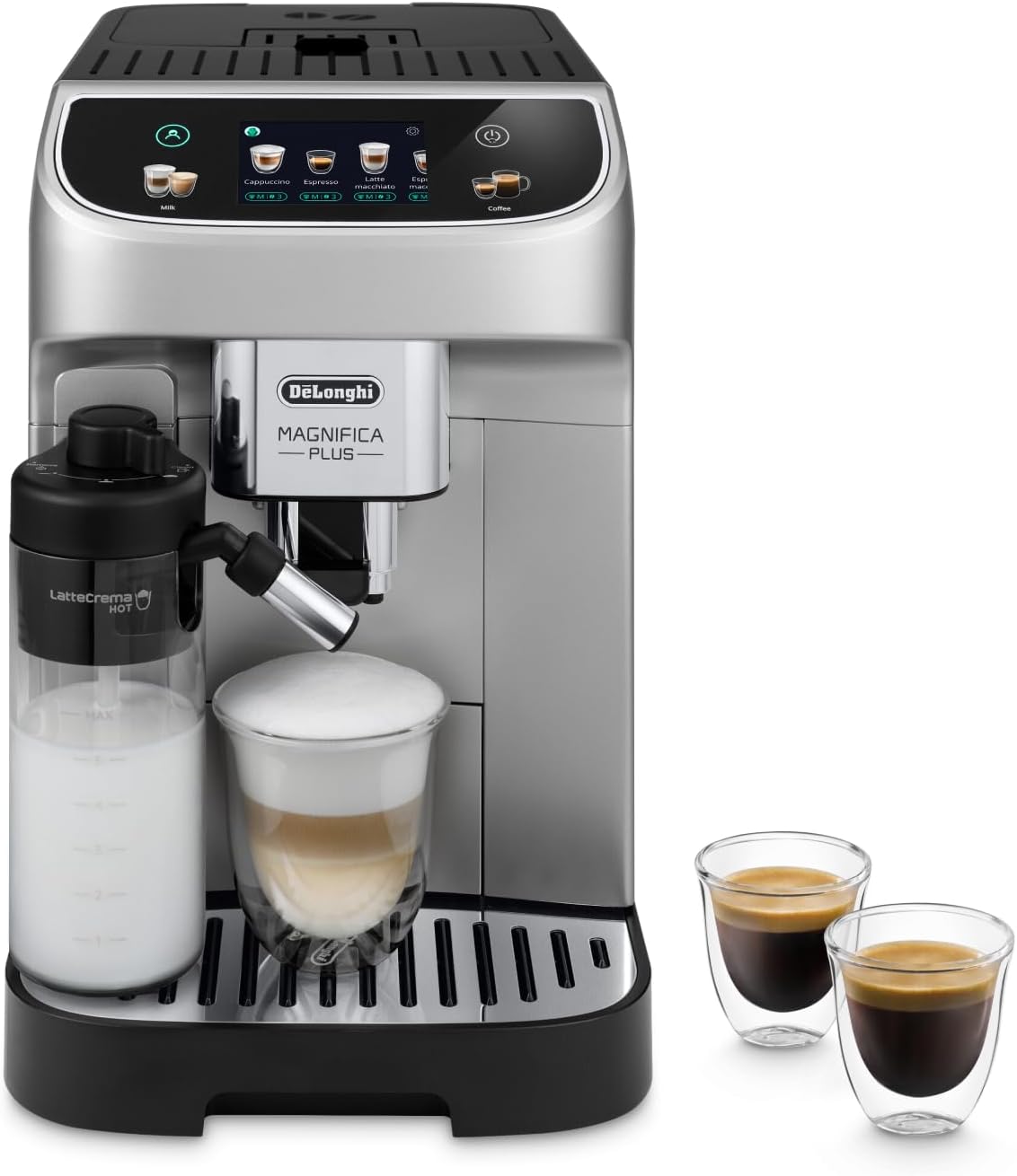 De'Longhi Magnifica Plus ECAM322.70.SB Kaffeevollautomat mit LatteCrema-Milchsystem für Automatischen Cappuccino, Full-Touch-Farbdisplay, Extra Shot-Funktion, x2-Funktion, 1450W, Silber/Schwarz
