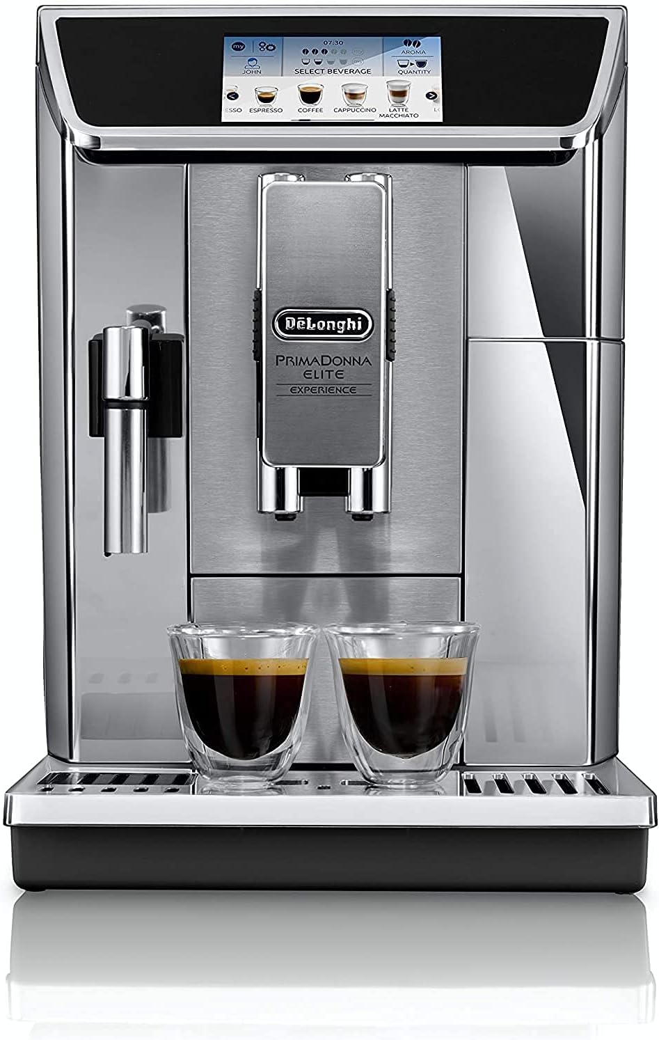 De'Longhi PrimaDonna Elite Experience ECAM 656.85.MS Kaffeevollautomat mit LatteCrema Milchsystem, Cappuccino, 4,3 Zoll Farbdisplay, App-Steuerung, Trinkschokoladenfunktion, Edelstahlfront, silber