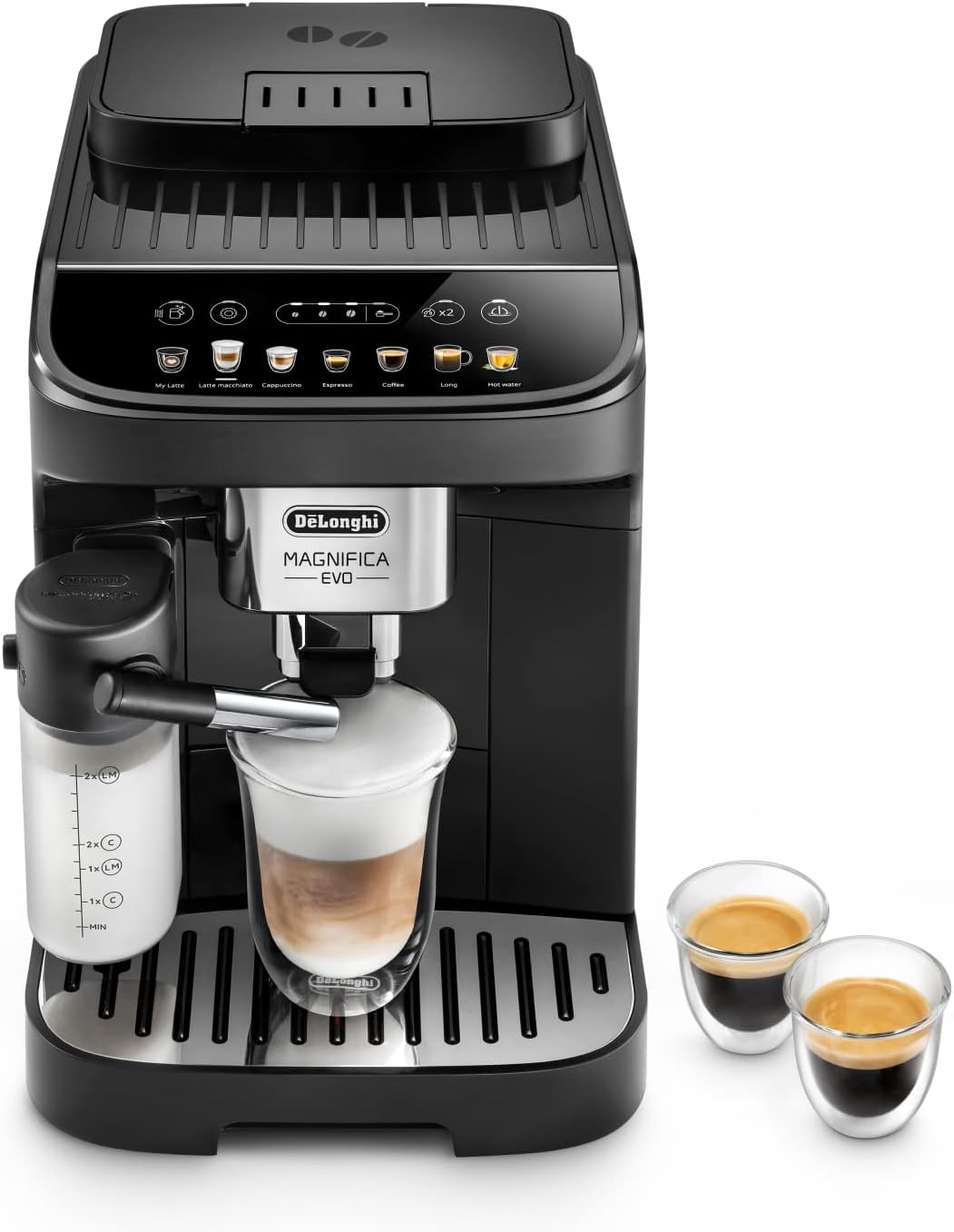 De'Longhi Magnifica Plus ECAM322.70.SB Kaffeevollautomat mit LatteCrema-Milchsystem für Automatischen Cappuccino, Full-Touch-Farbdisplay, Extra Shot-Funktion, x2-Funktion, 1450W, Silber/Schwarz