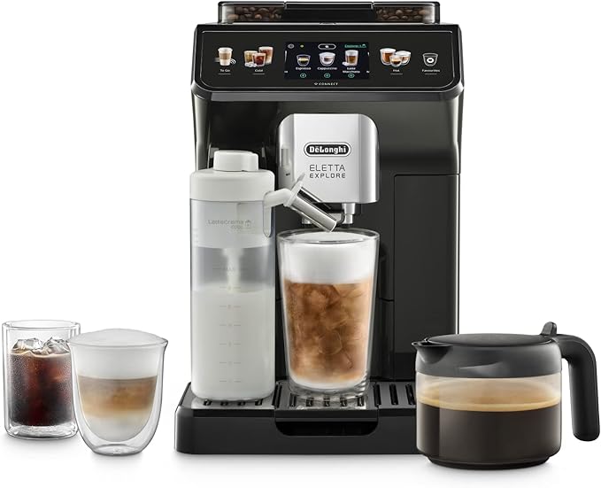De'Longhi Eletta Explore Perfetto ECAM452.57.G Kaffeevollautomat mit LatteCrema Milchsystem, heiße und erfrischende Getränke auf Knopfdruck, 3,5 Zoll TFT Touchscreen Farbdisplay, Kaffeekanne inklusive