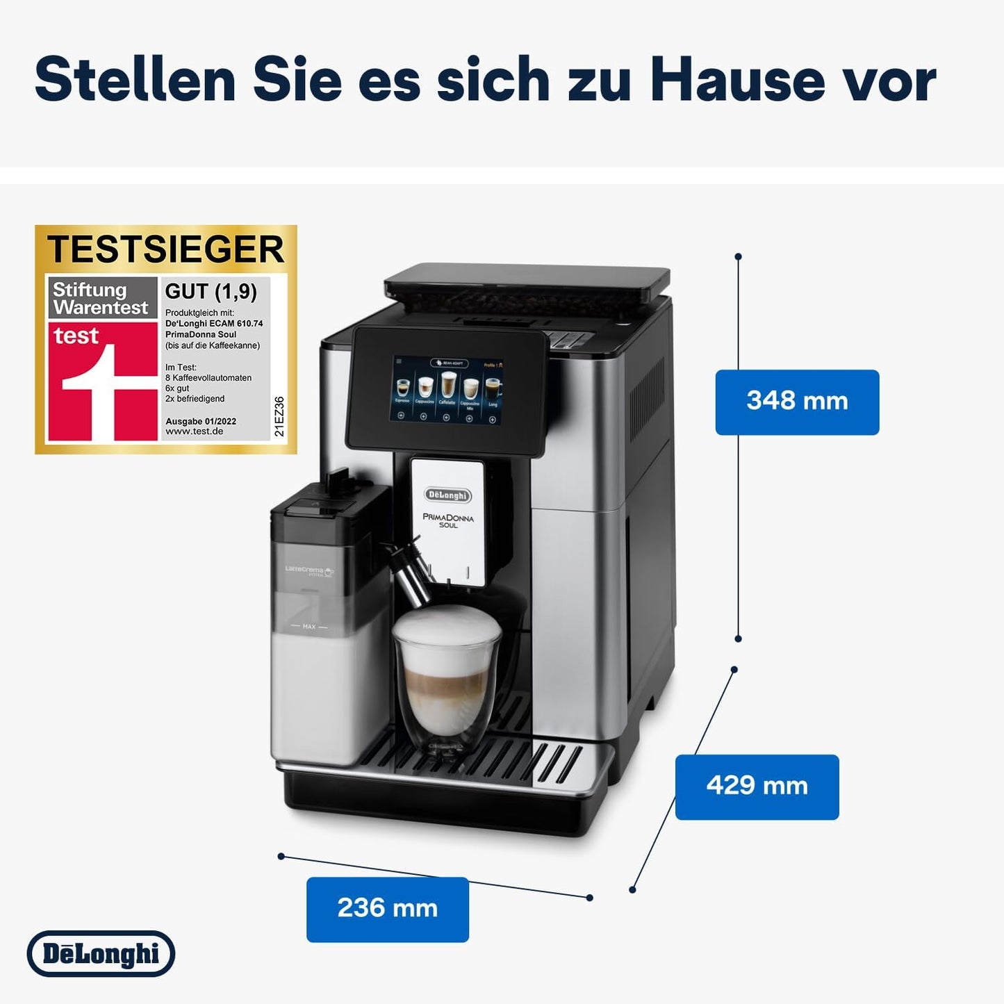 De'Longhi PrimaDonna Soul Perfetto ECAM 612.55.SB Kaffeevollautomat mit LatteCrema Milchsystem und Bean Adapt Technologie, 18 Rezepte, mit Farbdisplay- App-Steuerung, Silber/Schwarz