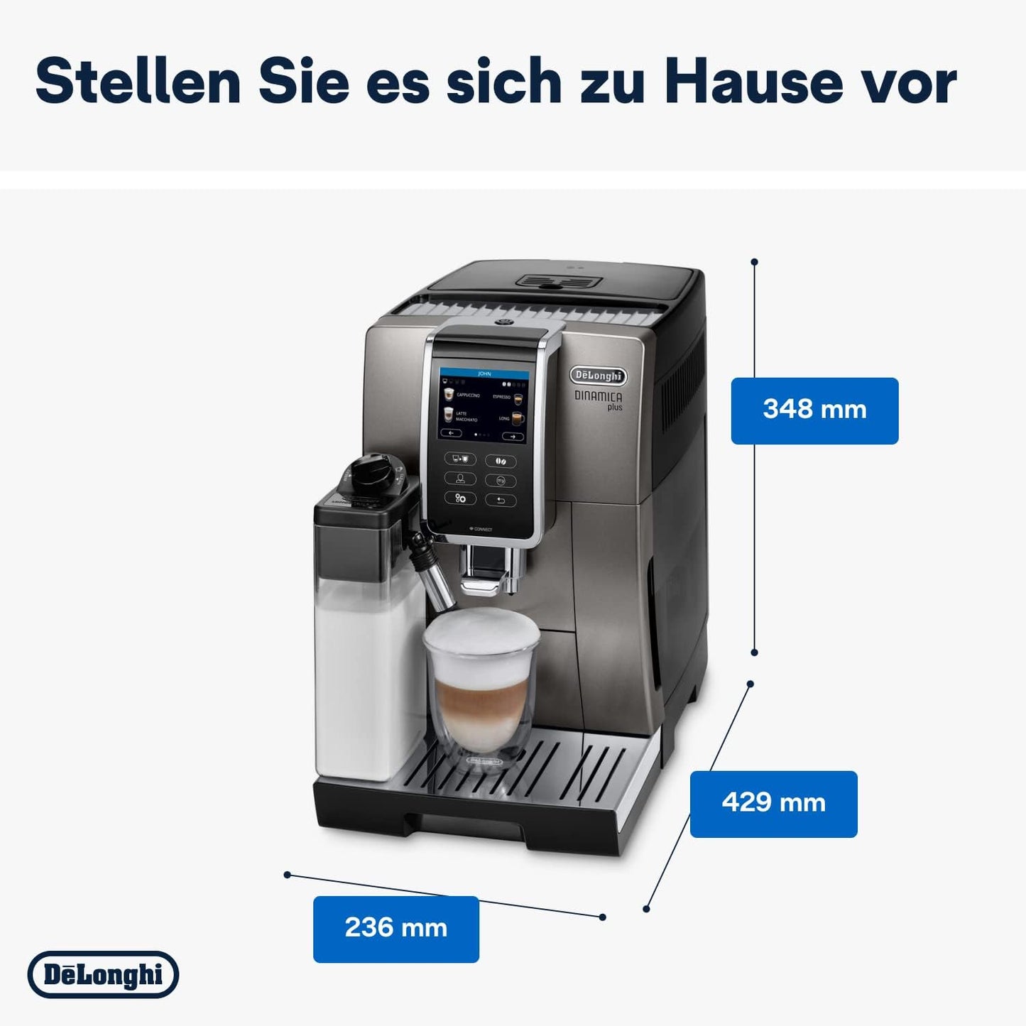 De'Longhi Dinamica Plus ECAM380.95.TB, Kaffeevollautomat mit LatteCrema Milchsystem, One-Touch-Cappuccino, mit 24 Rezepten, 3,5-Zoll TFT-Farbdisplay, 1450W, Titan/Schwarz