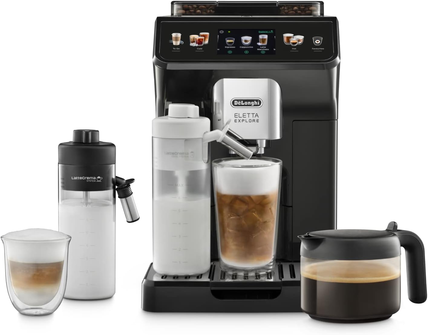 De'Longhi Eletta Explore Perfetto ECAM452.57.G Kaffeevollautomat mit LatteCrema Milchsystem, heiße und erfrischende Getränke auf Knopfdruck, 3,5 Zoll TFT Touchscreen Farbdisplay, Kaffeekanne inklusive