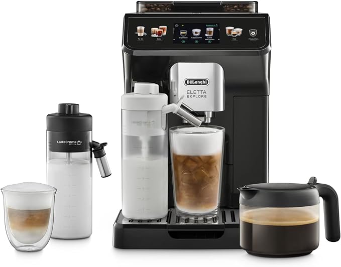De'Longhi Eletta Explore Perfetto ECAM452.57.G Kaffeevollautomat mit LatteCrema Milchsystem, heiße und erfrischende Getränke auf Knopfdruck, 3,5 Zoll TFT Touchscreen Farbdisplay, Kaffeekanne inklusive