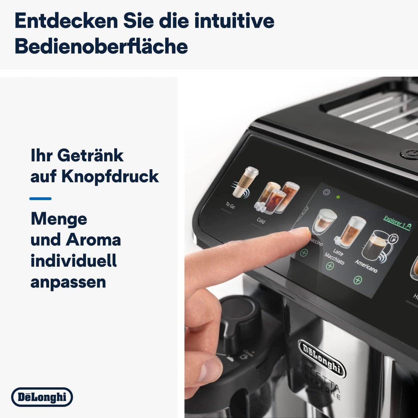 De'Longhi Eletta Explore Perfetto ECAM452.57.G Kaffeevollautomat mit LatteCrema Milchsystem, heiße und erfrischende Getränke auf Knopfdruck, 3,5 Zoll TFT Touchscreen Farbdisplay, Kaffeekanne inklusive