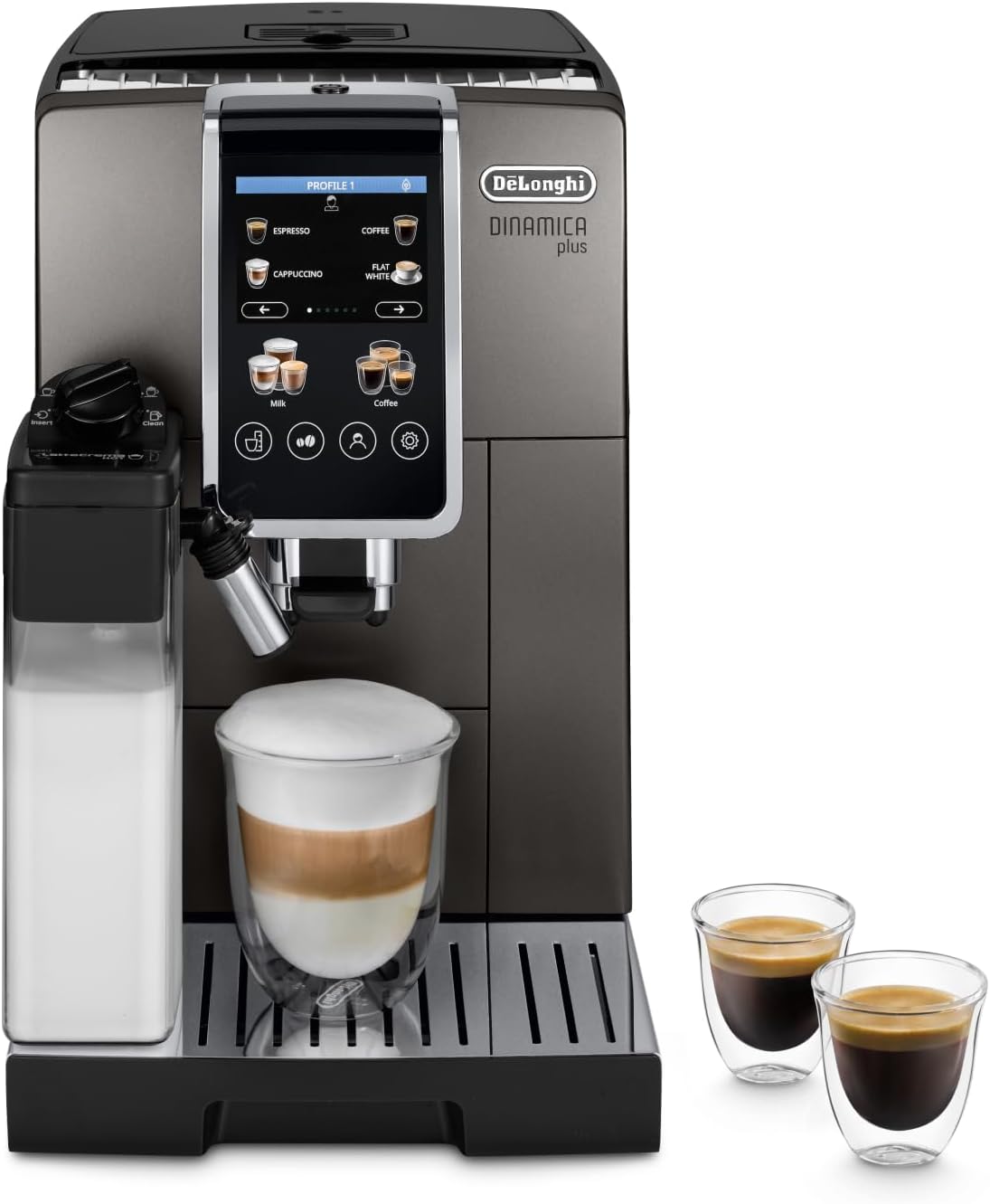 De'Longhi Dinamica Plus ECAM380.95.TB, Kaffeevollautomat mit LatteCrema Milchsystem, One-Touch-Cappuccino, mit 24 Rezepten, 3,5-Zoll TFT-Farbdisplay, 1450W, Titan/Schwarz