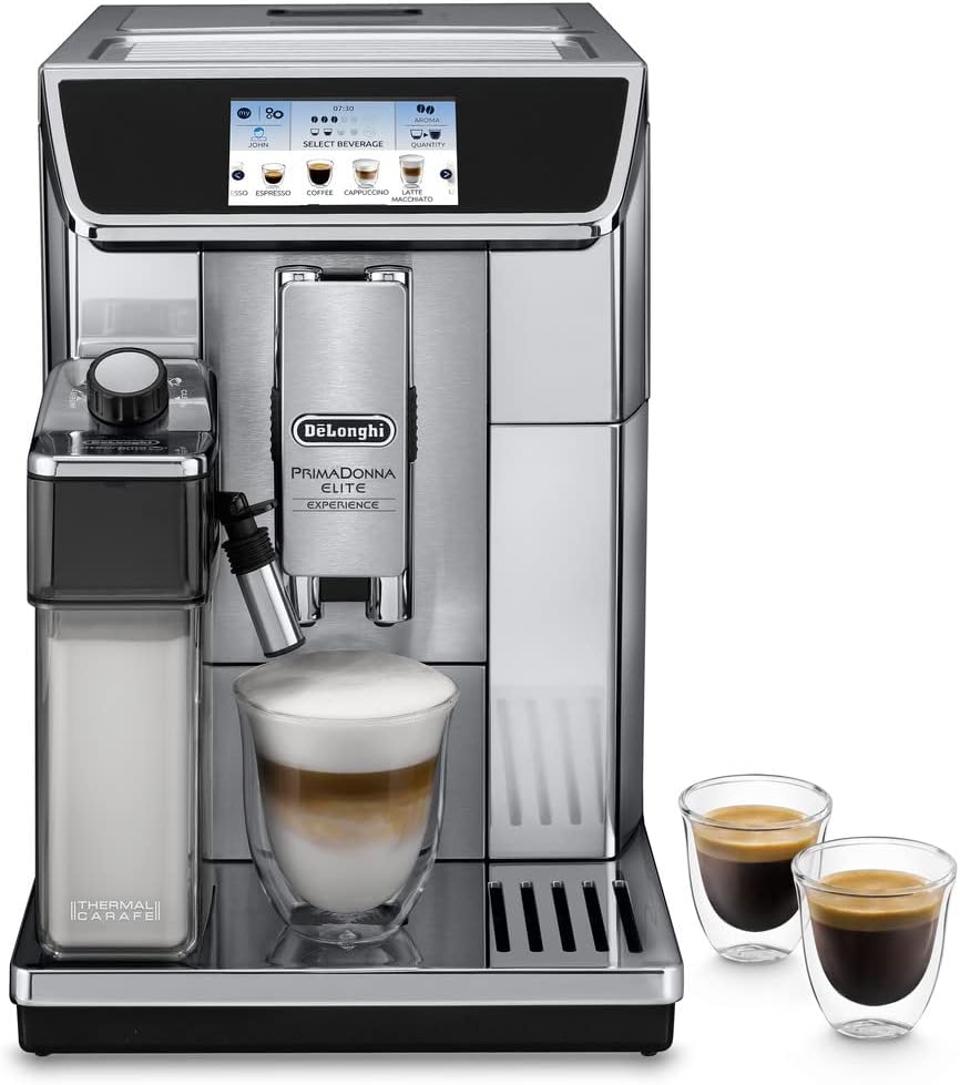De'Longhi PrimaDonna Elite Experience ECAM 656.85.MS Kaffeevollautomat mit LatteCrema Milchsystem, Cappuccino, 4,3 Zoll Farbdisplay, App-Steuerung, Trinkschokoladenfunktion, Edelstahlfront, silber
