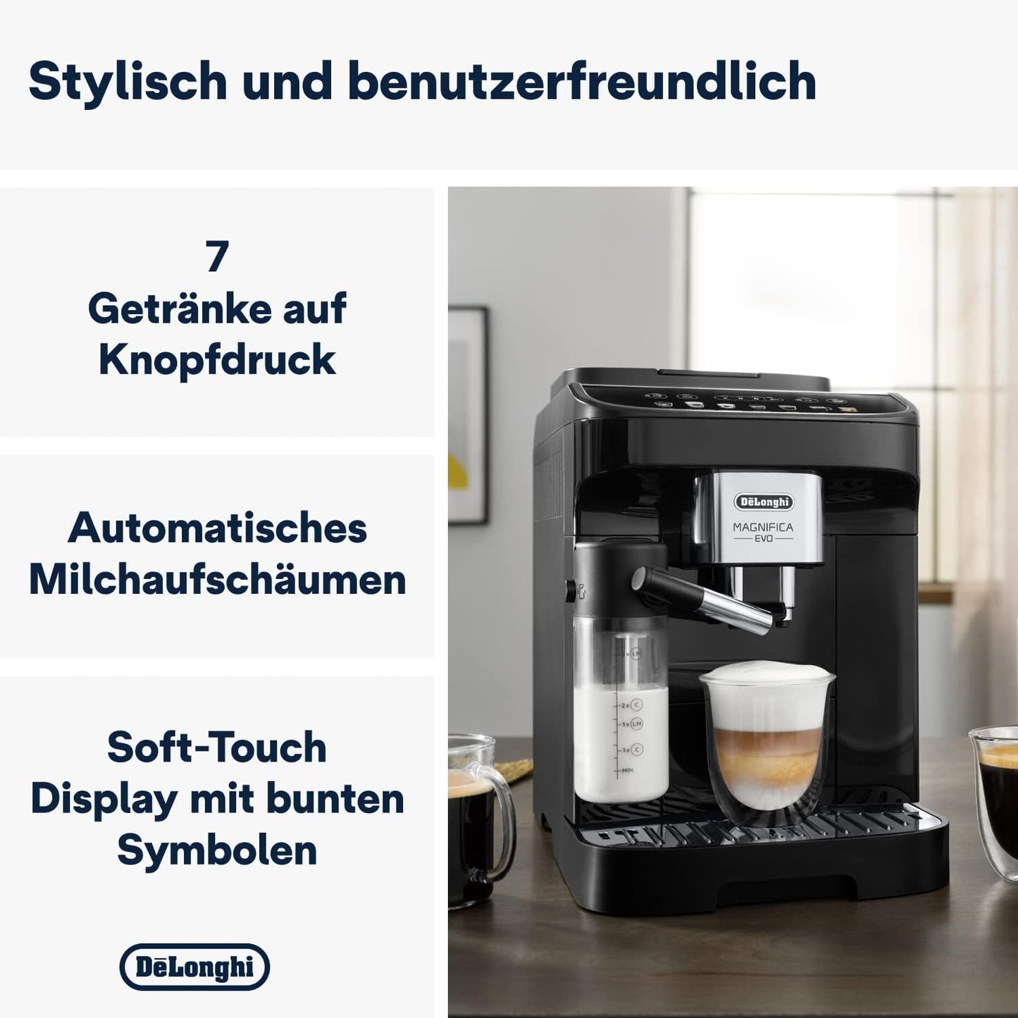 De'Longhi Magnifica Plus ECAM322.70.SB Kaffeevollautomat mit LatteCrema-Milchsystem für Automatischen Cappuccino, Full-Touch-Farbdisplay, Extra Shot-Funktion, x2-Funktion, 1450W, Silber/Schwarz