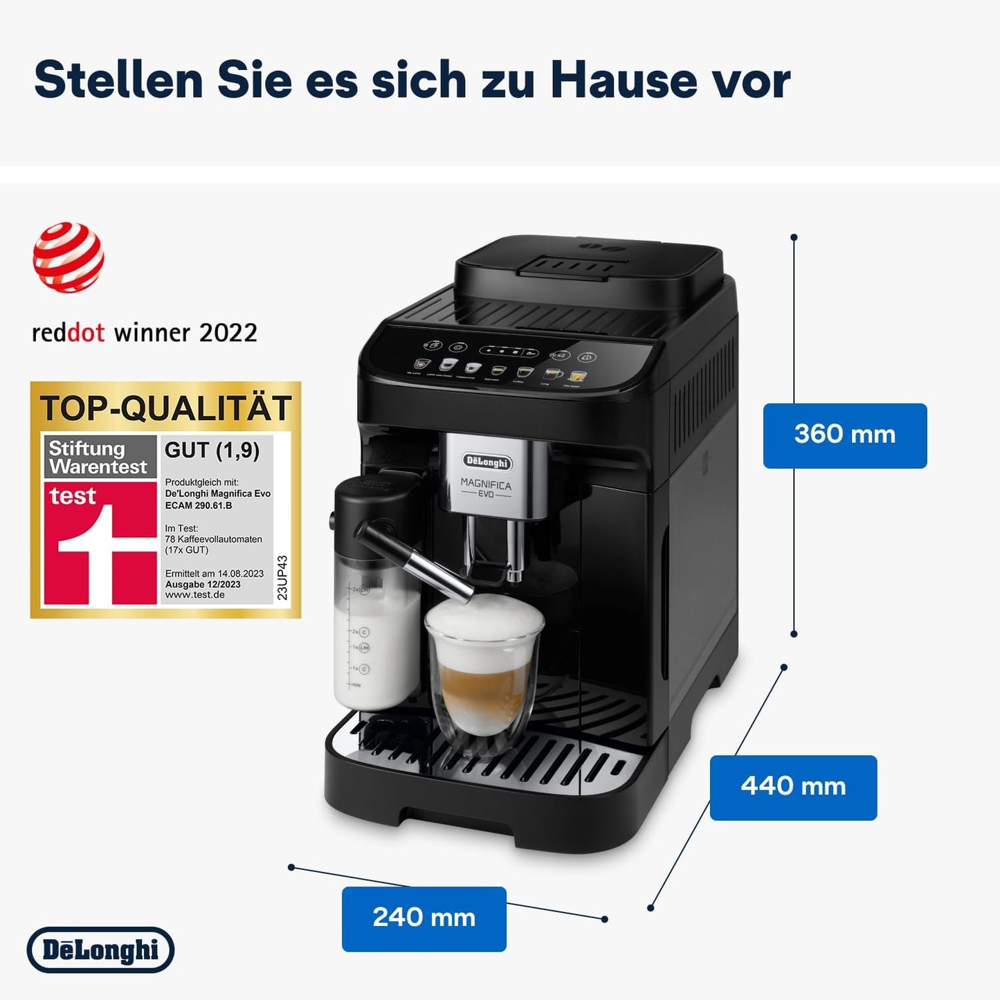 De'Longhi Magnifica Plus ECAM322.70.SB Kaffeevollautomat mit LatteCrema-Milchsystem für Automatischen Cappuccino, Full-Touch-Farbdisplay, Extra Shot-Funktion, x2-Funktion, 1450W, Silber/Schwarz