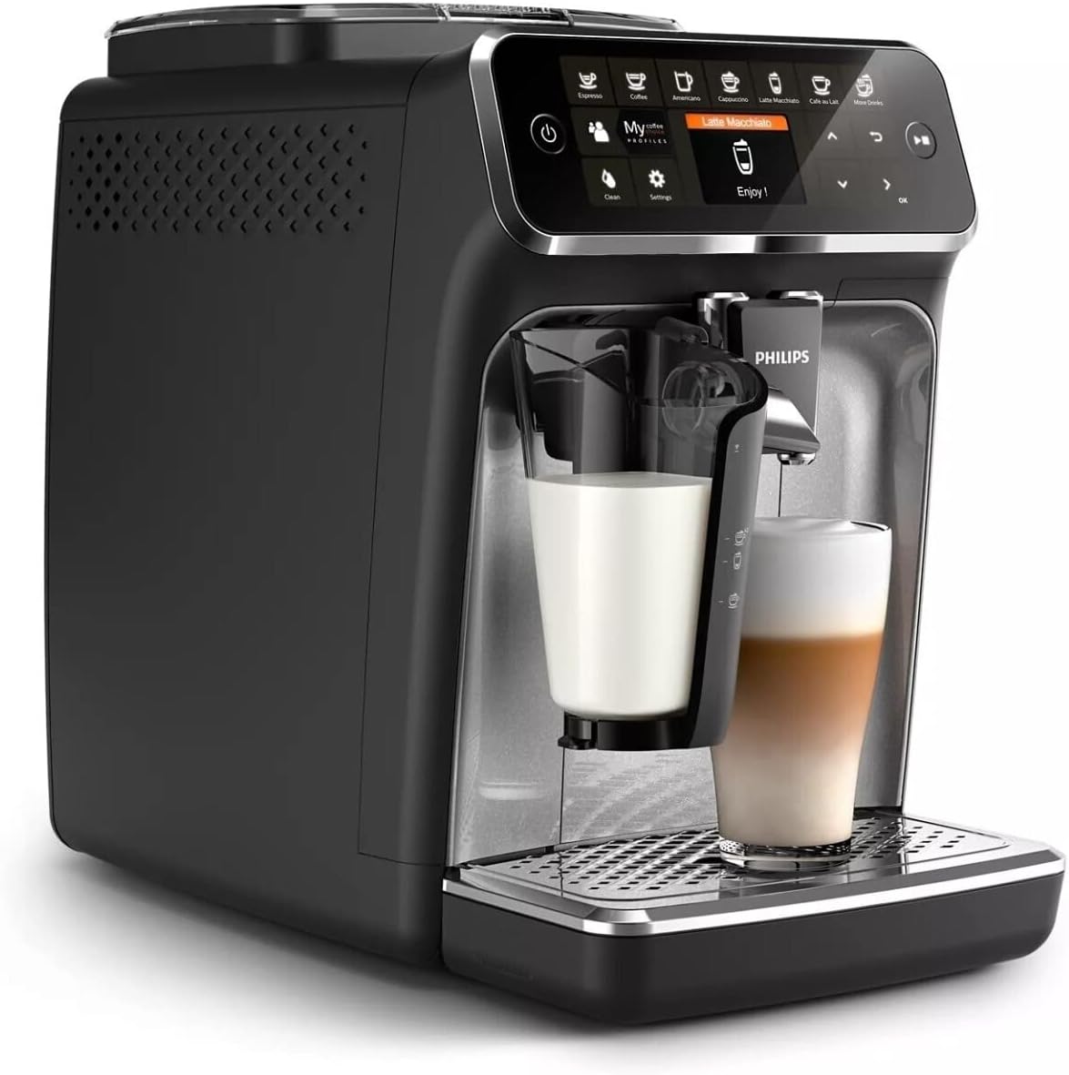 Philips Series 4300 Kaffeevollautomat – Klassischer Milchaufschäumer, 5 Kaffeespezialitäten, Intuitives Display, Glänzendes Schwarz (EP4321/50)