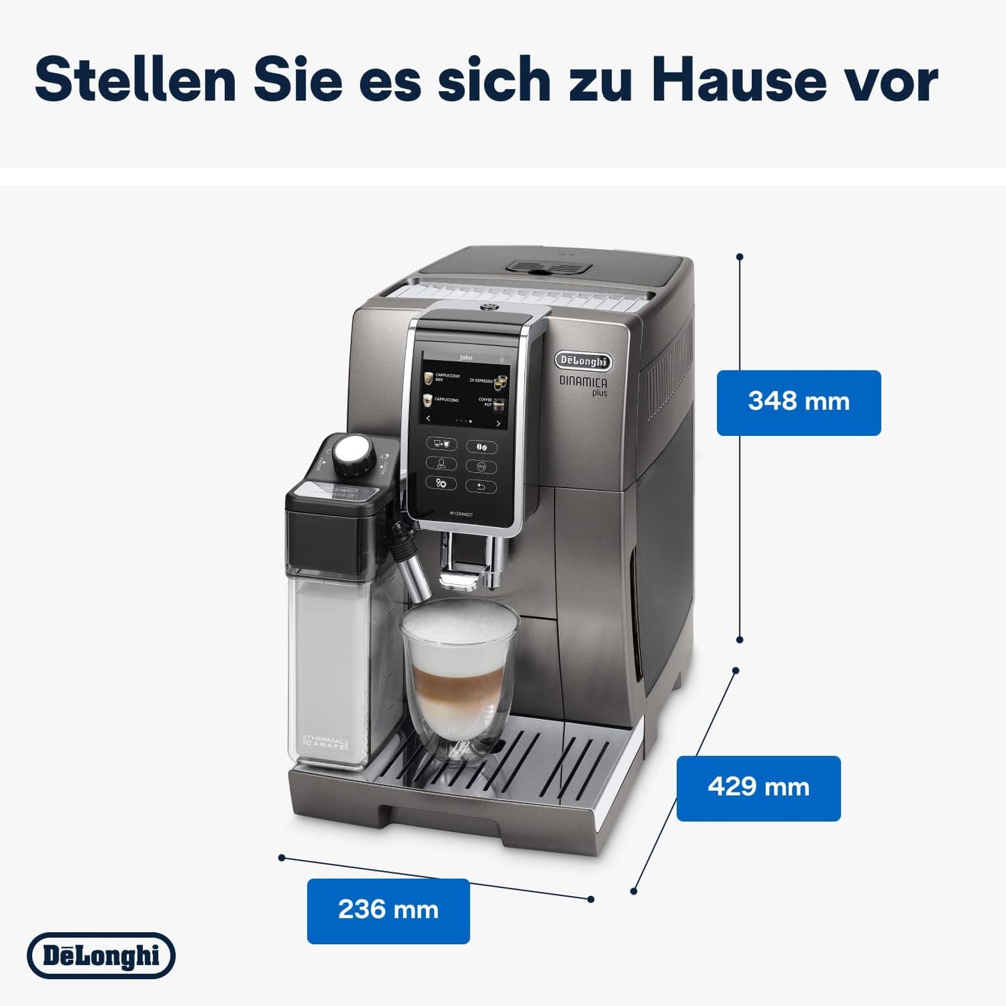 De'Longhi Dinamica Plus ECAM 370.95.T Kaffeevollautomat mit LatteCrema Milchsystem, Cappuccino und Espresso auf Knopfdruck, Touchscreen Farbdisplay und App-Steuerung, Kaffeekannen-Funktion, Titan