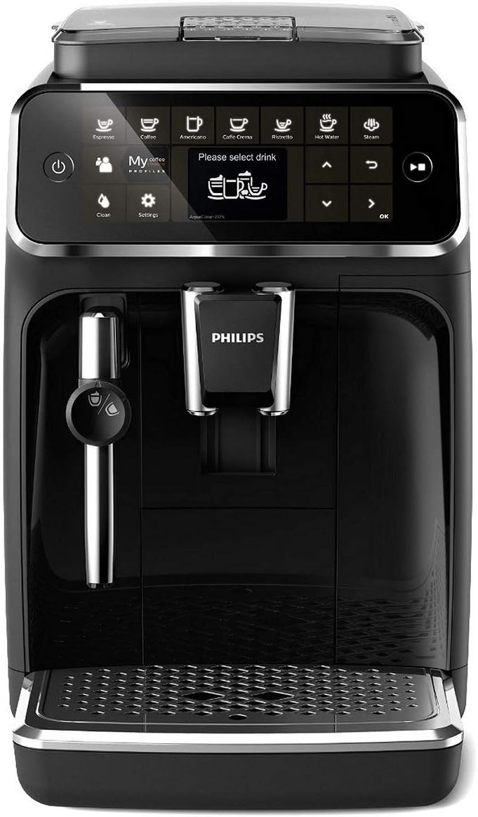 Philips Series 4300 Kaffeevollautomat – Klassischer Milchaufschäumer, 5 Kaffeespezialitäten, Intuitives Display, Glänzendes Schwarz (EP4321/50)