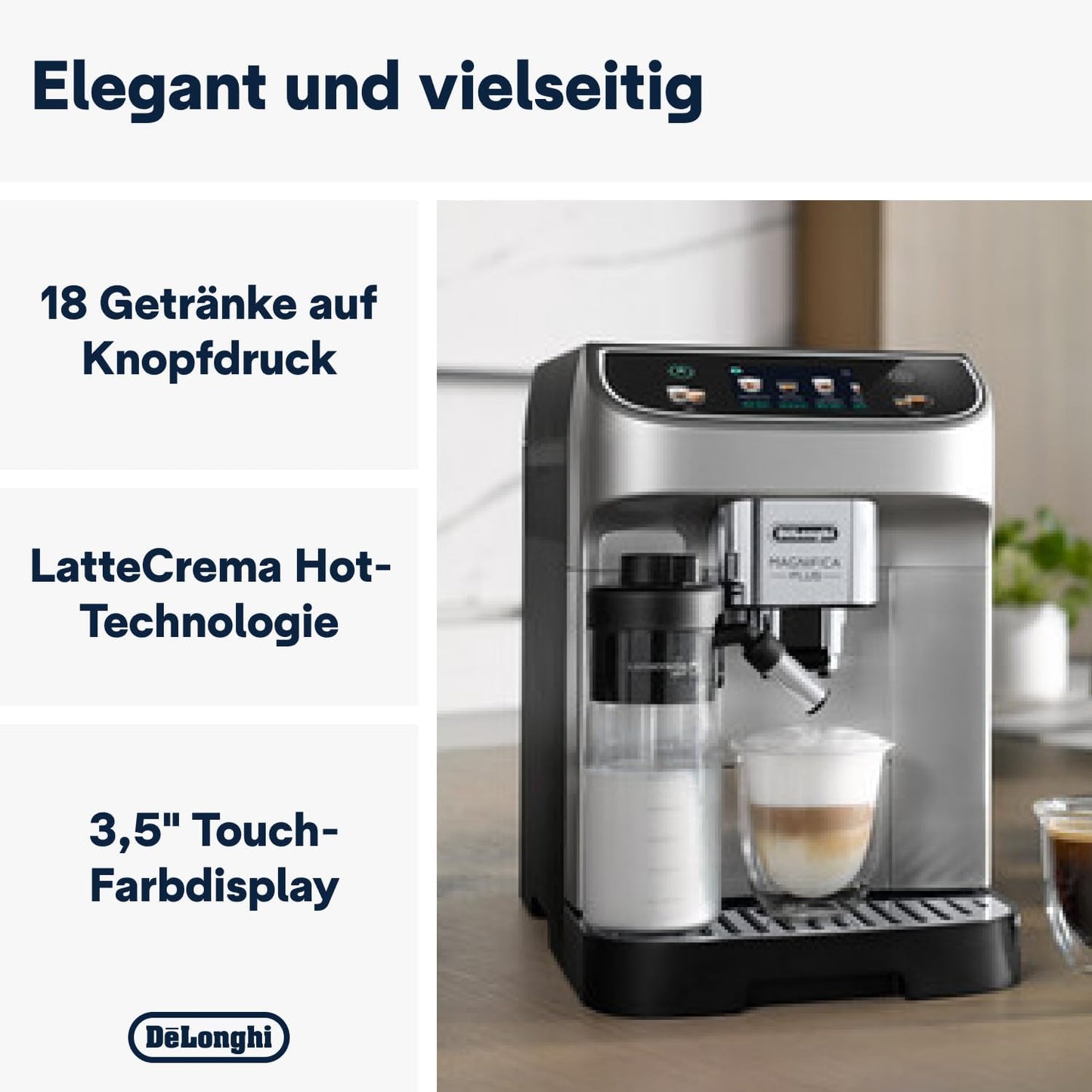 De'Longhi Magnifica Plus ECAM322.70.SB Kaffeevollautomat mit LatteCrema-Milchsystem für Automatischen Cappuccino, Full-Touch-Farbdisplay, Extra Shot-Funktion, x2-Funktion, 1450W, Silber/Schwarz