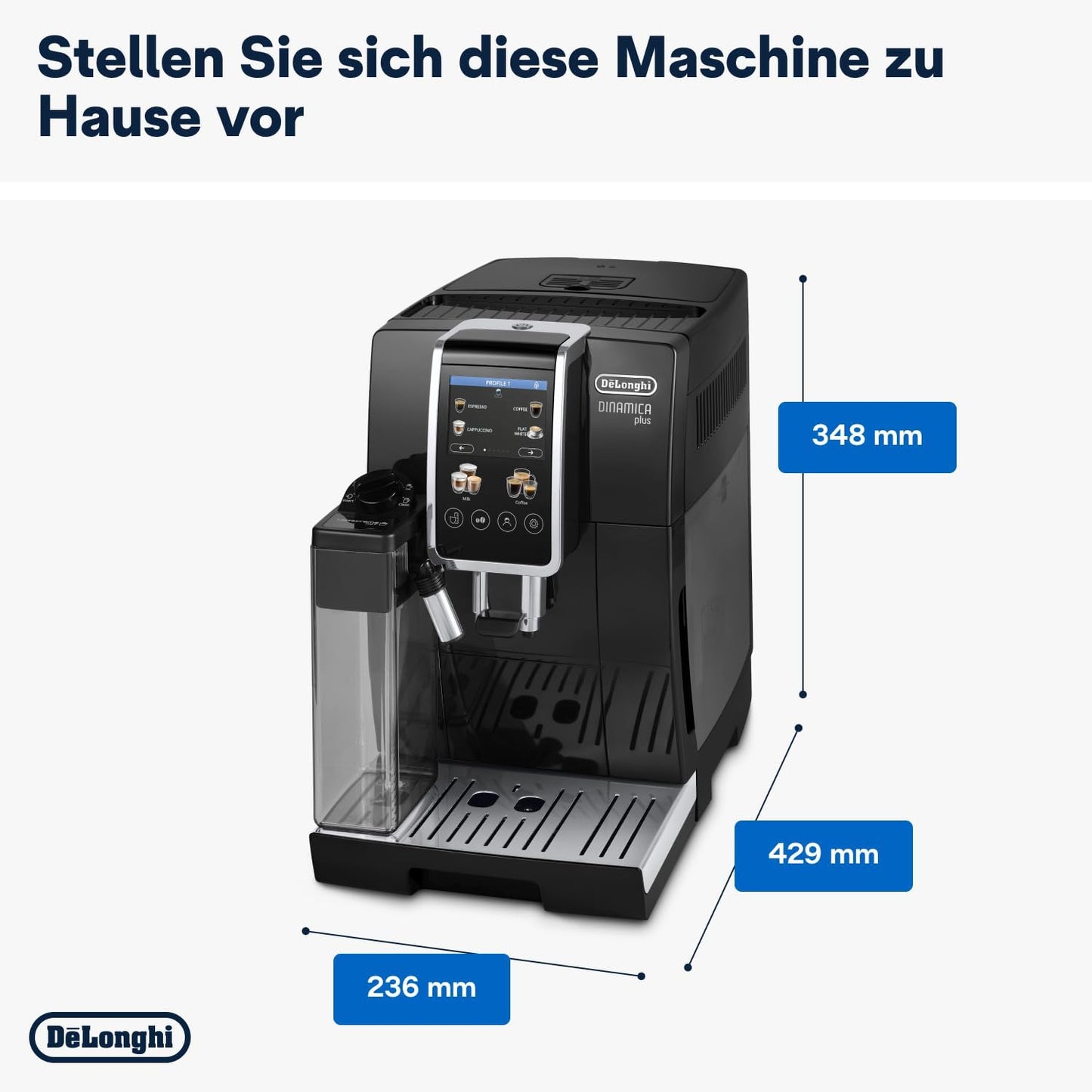 De'Longhi Dinamica Plus ECAM382.70.B, Kaffeevollautomat für Kaffeebohnen, Cappuccino-Maschine mit LatteCrema Hot, Espresso-Maschine mit 18 Rezepten, 3,5-Zoll TFT-Display, 1450W, Schwarz