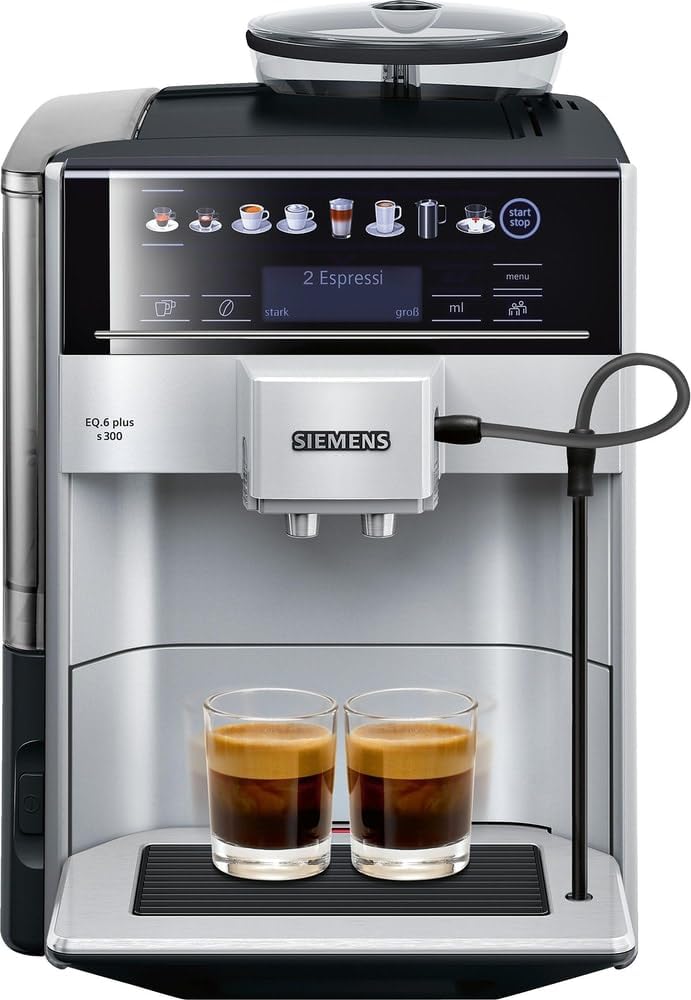 Siemens Kaffeevollautomat EQ.6 plus s300 TE653501DE, für viele Kaffeespezialitäten,Milch-Aufschäumdüse,Keramikmahlwerk,Doppeltassenfunktion, Antikalk, automatische Dampfreinigung, 1500 W, Silber, Grau