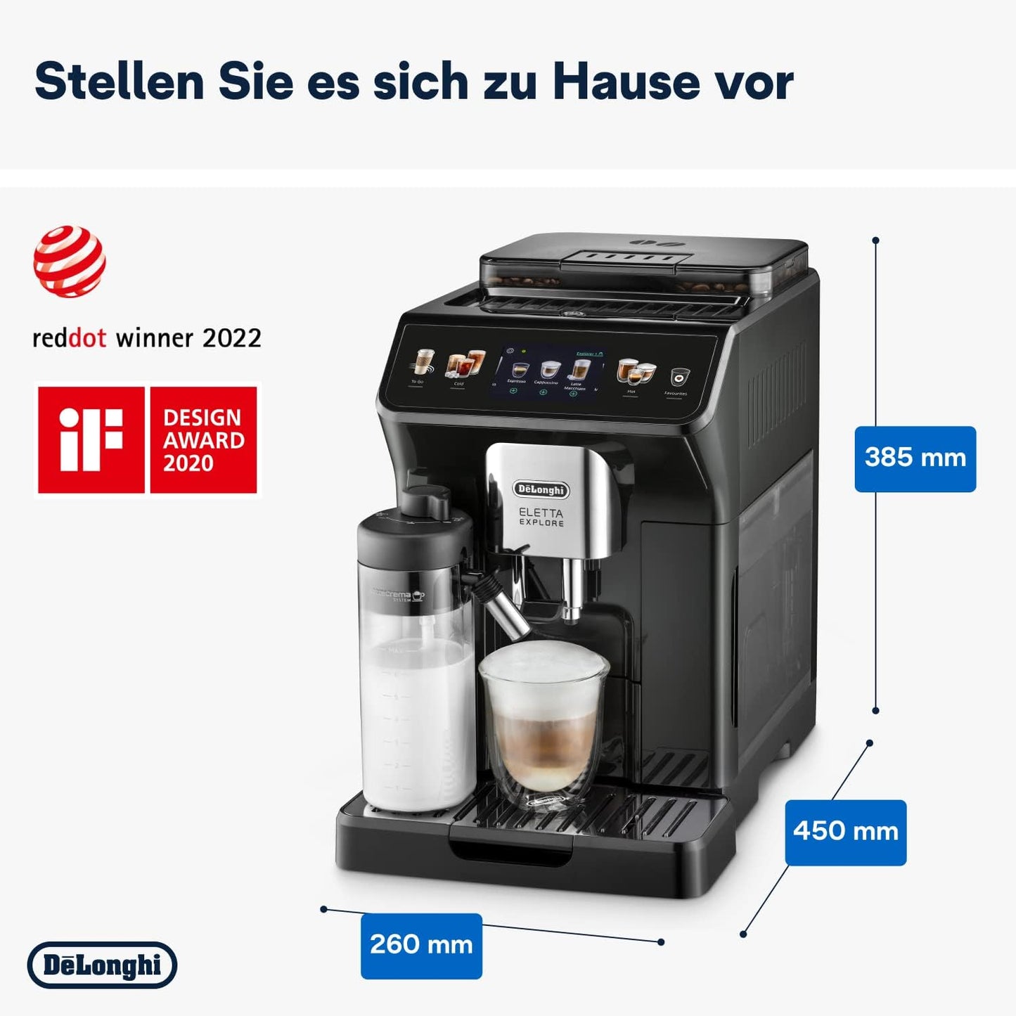 De'Longhi Eletta Explore Perfetto ECAM452.57.G Kaffeevollautomat mit LatteCrema Milchsystem, heiße und erfrischende Getränke auf Knopfdruck, 3,5 Zoll TFT Touchscreen Farbdisplay, Kaffeekanne inklusive