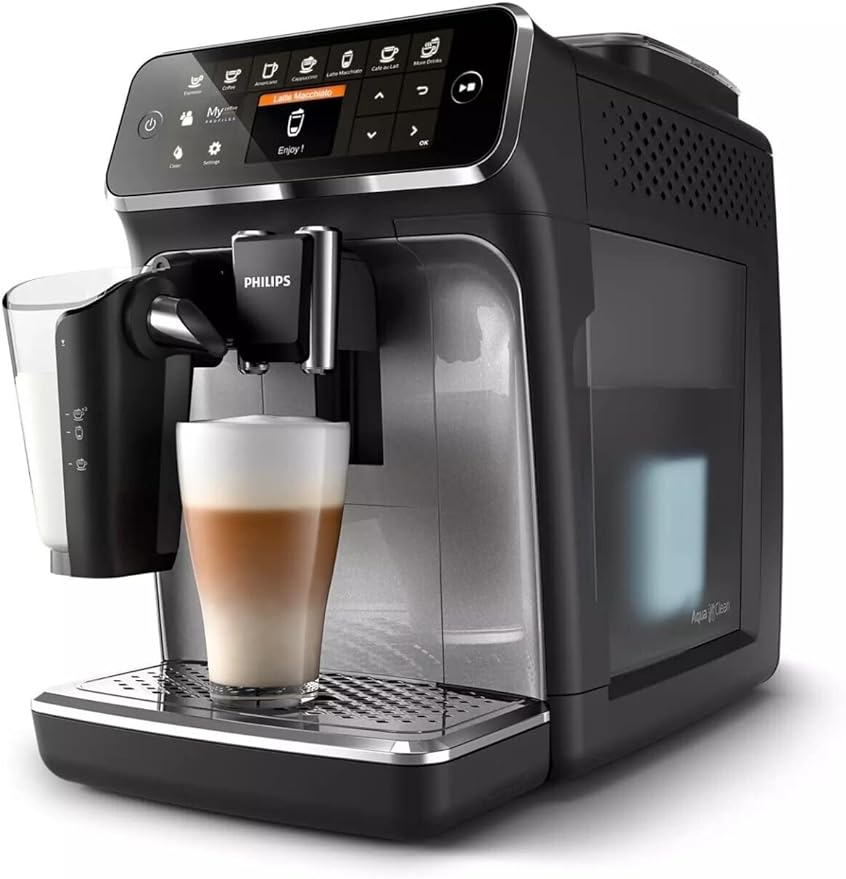 Philips Series 4300 Kaffeevollautomat – Klassischer Milchaufschäumer, 5 Kaffeespezialitäten, Intuitives Display, Glänzendes Schwarz (EP4321/50)