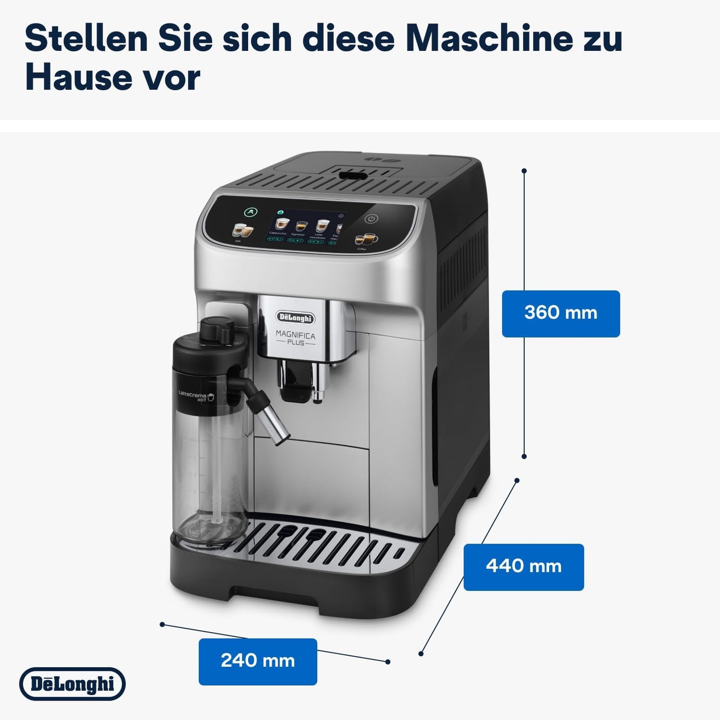 De'Longhi Magnifica Plus ECAM322.70.SB Kaffeevollautomat mit LatteCrema-Milchsystem für Automatischen Cappuccino, Full-Touch-Farbdisplay, Extra Shot-Funktion, x2-Funktion, 1450W, Silber/Schwarz