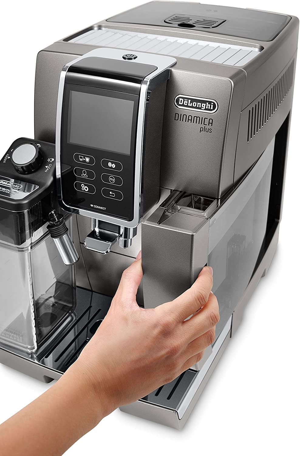 De'Longhi Dinamica Plus ECAM 370.95.T Kaffeevollautomat mit LatteCrema Milchsystem, Cappuccino und Espresso auf Knopfdruck, Touchscreen Farbdisplay und App-Steuerung, Kaffeekannen-Funktion, Titan