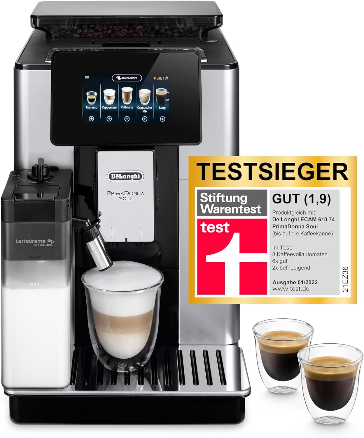 De'Longhi PrimaDonna Soul Perfetto ECAM 612.55.SB Kaffeevollautomat mit LatteCrema Milchsystem und Bean Adapt Technologie, 18 Rezepte, mit Farbdisplay- App-Steuerung, Silber/Schwarz