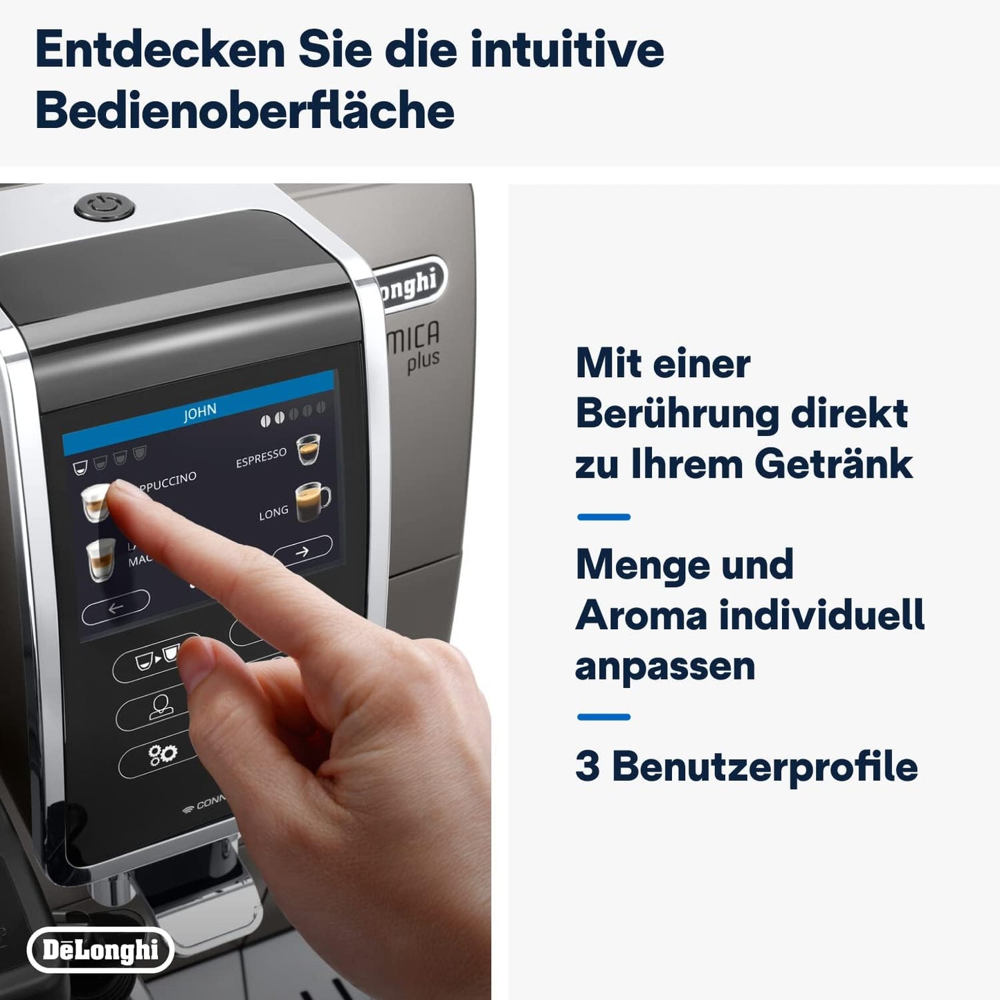 De'Longhi Dinamica Plus ECAM380.95.TB, Kaffeevollautomat mit LatteCrema Milchsystem, One-Touch-Cappuccino, mit 24 Rezepten, 3,5-Zoll TFT-Farbdisplay, 1450W, Titan/Schwarz