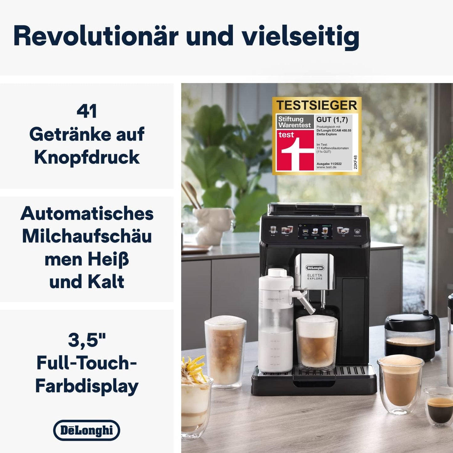 De'Longhi Eletta Explore Perfetto ECAM452.57.G Kaffeevollautomat mit LatteCrema Milchsystem, heiße und erfrischende Getränke auf Knopfdruck, 3,5 Zoll TFT Touchscreen Farbdisplay, Kaffeekanne inklusive