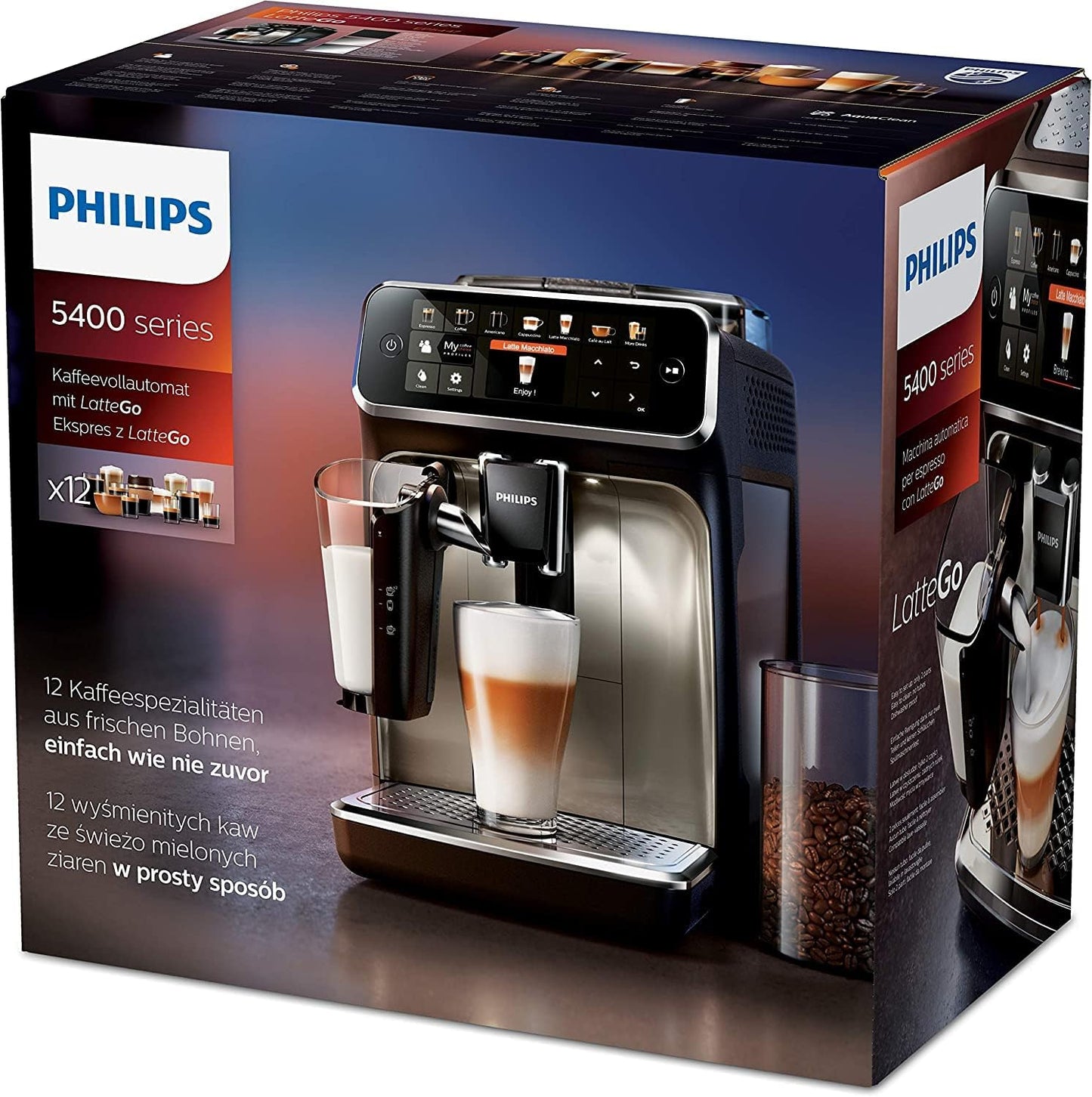 Philips Series 5400 Kaffeevollautomat – LatteGo Milchsystem, 12 Kaffeespezialitäten, Intuitives Display, 4 Benutzerprofile, Schwarz (EP5441/50)