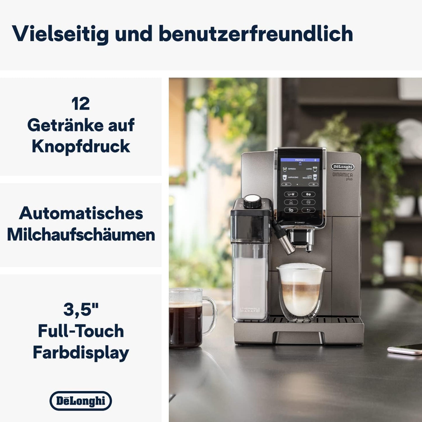 De'Longhi Dinamica Plus ECAM 370.95.T Kaffeevollautomat mit LatteCrema Milchsystem, Cappuccino und Espresso auf Knopfdruck, Touchscreen Farbdisplay und App-Steuerung, Kaffeekannen-Funktion, Titan