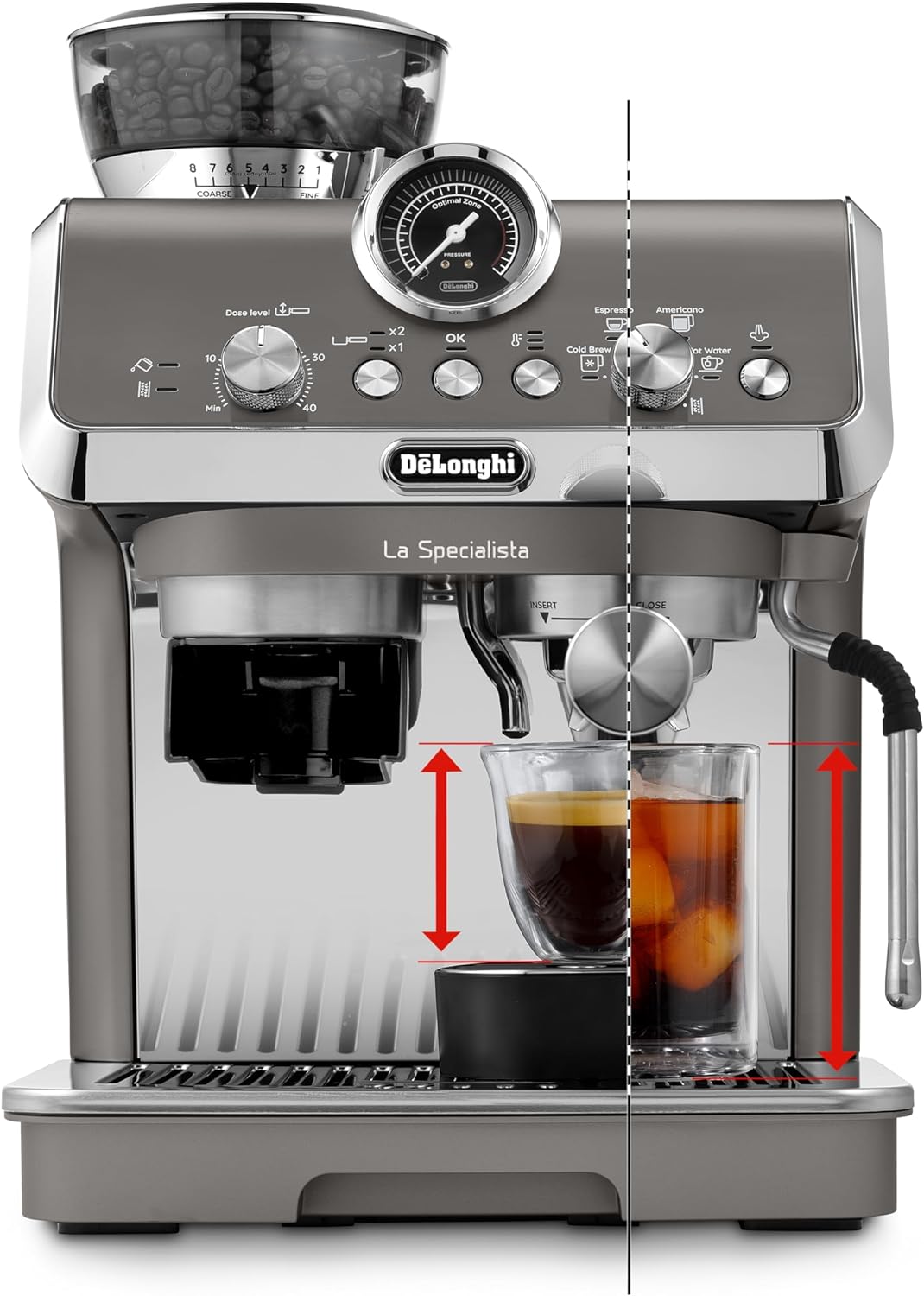 De'Longhi La Specialista Arte Evo EC9255.T Espresso Siebträgermaschine, mit Cold Brew-Funktion, mit Professioneller Milchaufschäumdüse, Sensor-Mahlwerk-Technologie, inkl. Barista-Kit, 1450W, Titan
