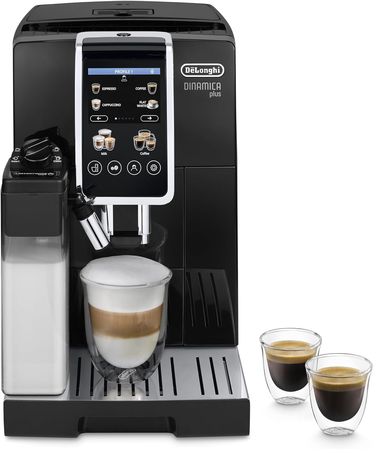 De'Longhi Dinamica Plus ECAM382.70.B, Kaffeevollautomat für Kaffeebohnen, Cappuccino-Maschine mit LatteCrema Hot, Espresso-Maschine mit 18 Rezepten, 3,5-Zoll TFT-Display, 1450W, Schwarz