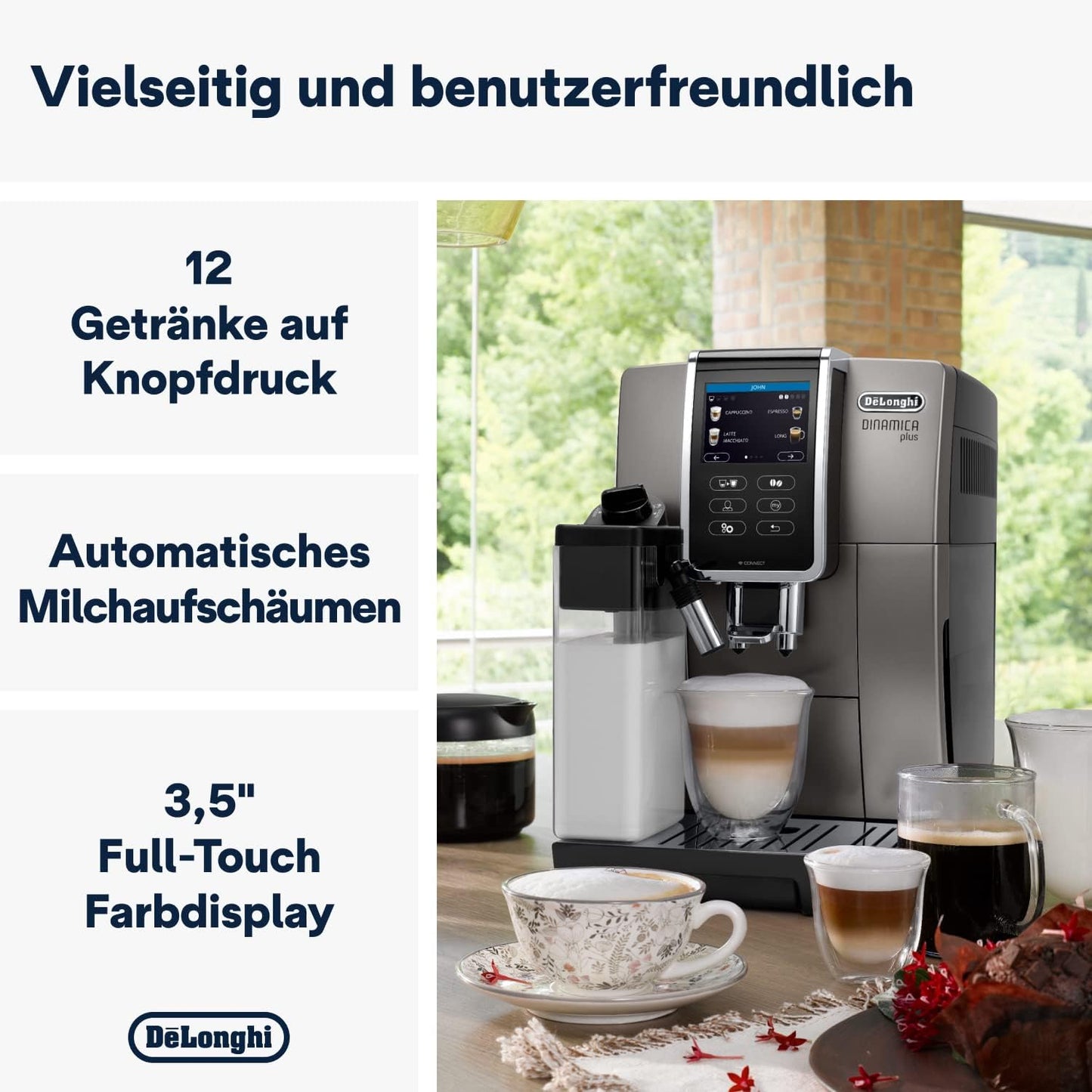 De'Longhi Dinamica Plus ECAM380.95.TB, Kaffeevollautomat mit LatteCrema Milchsystem, One-Touch-Cappuccino, mit 24 Rezepten, 3,5-Zoll TFT-Farbdisplay, 1450W, Titan/Schwarz
