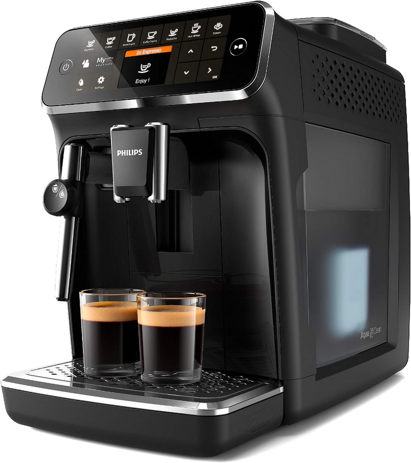 Philips Series 4300 Kaffeevollautomat – Klassischer Milchaufschäumer, 5 Kaffeespezialitäten, Intuitives Display, Glänzendes Schwarz (EP4321/50)