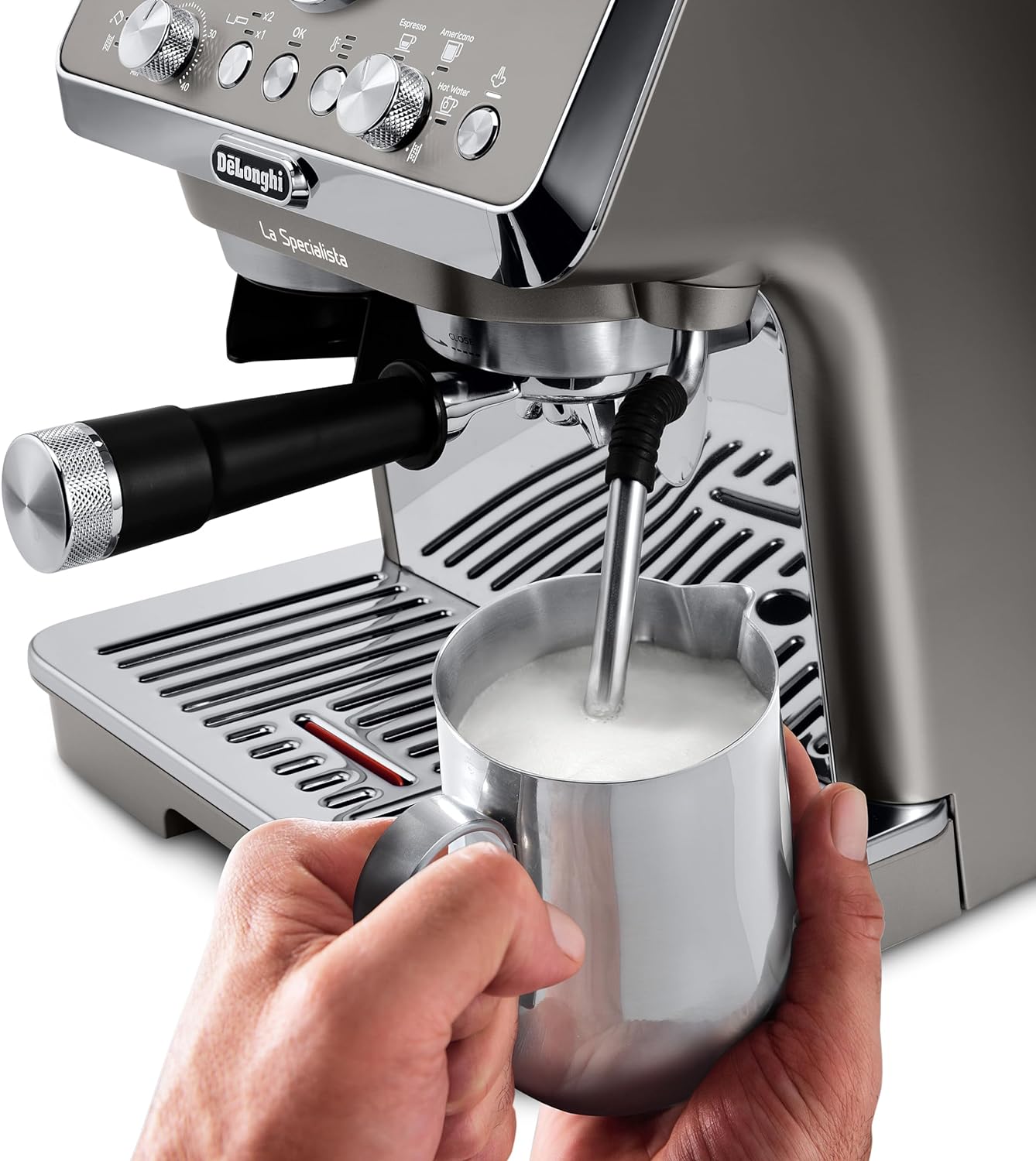 De'Longhi La Specialista Arte Evo EC9255.T Espresso Siebträgermaschine, mit Cold Brew-Funktion, mit Professioneller Milchaufschäumdüse, Sensor-Mahlwerk-Technologie, inkl. Barista-Kit, 1450W, Titan