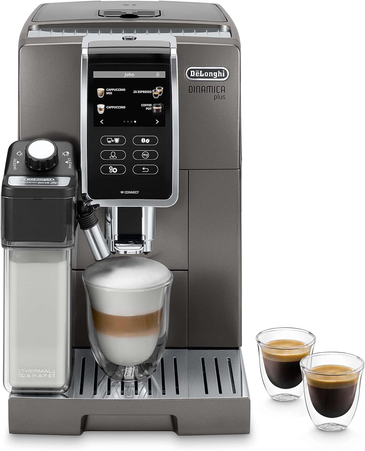 De'Longhi Dinamica Plus ECAM 370.95.T Kaffeevollautomat mit LatteCrema Milchsystem, Cappuccino und Espresso auf Knopfdruck, Touchscreen Farbdisplay und App-Steuerung, Kaffeekannen-Funktion, Titan