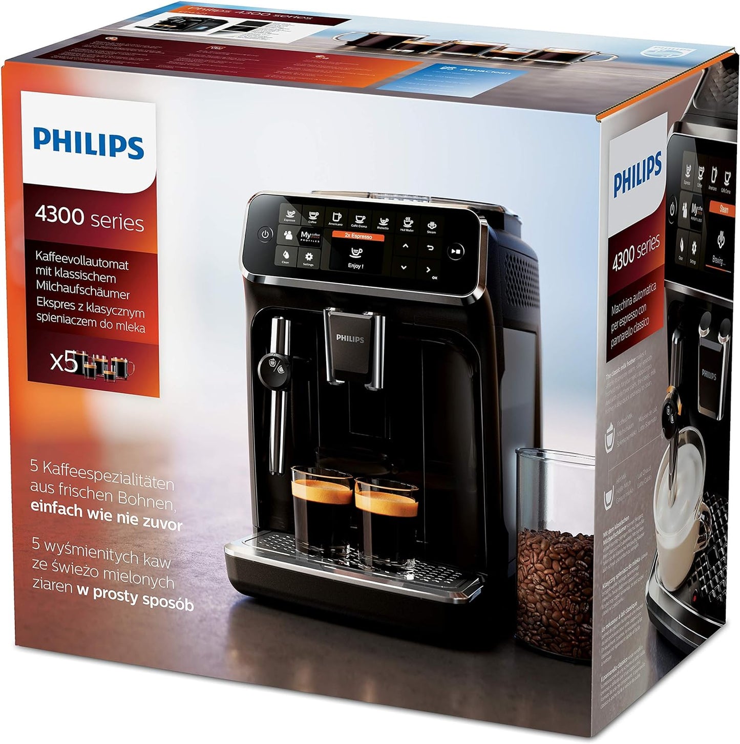 Philips Series 4300 Kaffeevollautomat – Klassischer Milchaufschäumer, 5 Kaffeespezialitäten, Intuitives Display, Glänzendes Schwarz (EP4321/50)